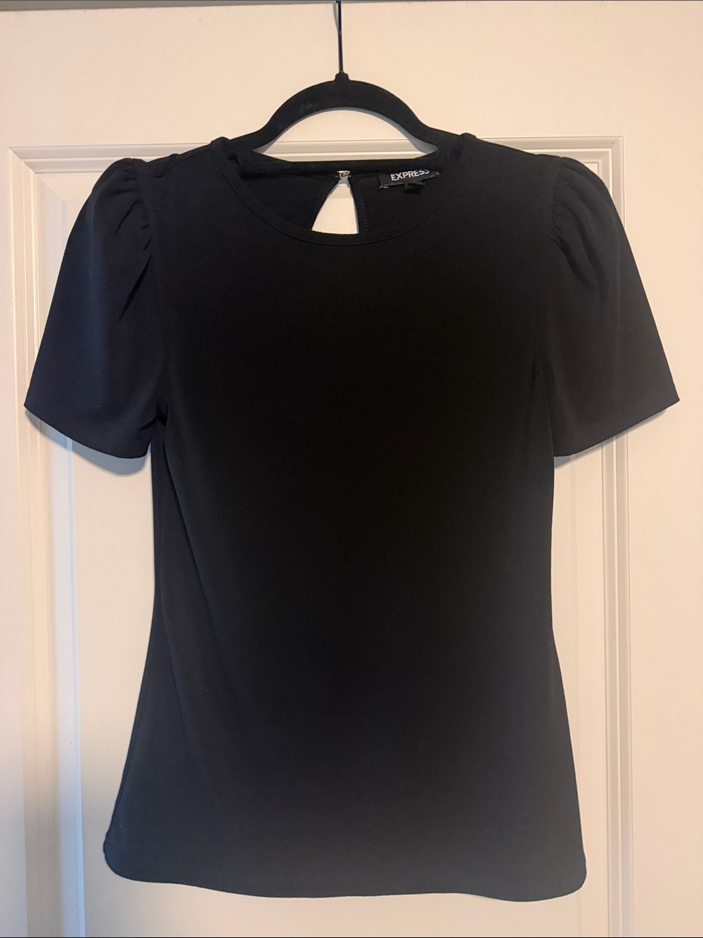 Express Black Puff Sleeve Crew Top with Keyhole Back XS